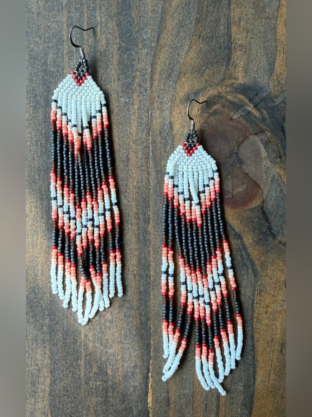 Handmade Seed Bead Fringe Earrings - Black, White & Coral
